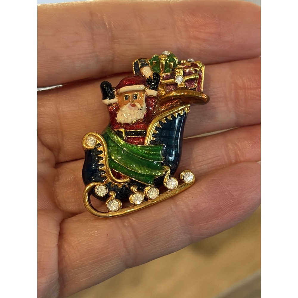 CHRISTOPHER RADKO Midnight Magic Pin Vintage ENAMEL SANTA With Sleigh BROOCH